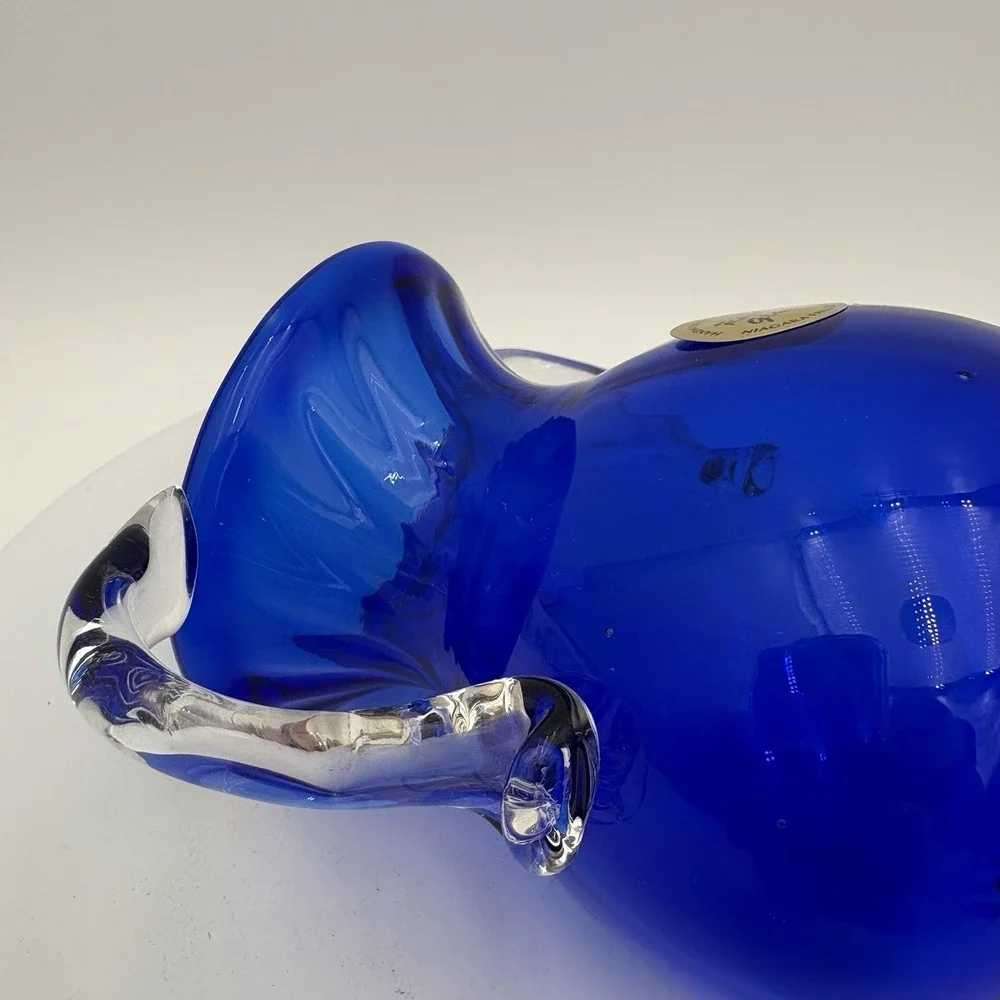Rossi Glass  Art Glass Blue Pitcher Applied Double Handle‎ Niagara Falls VTG